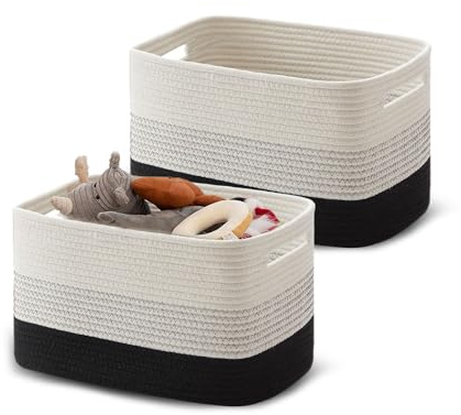 MerwDeeyt 2Pcs Large Cotton Rope Storage Basket 38x25x23cm Gradient Black | Woven Organizer, Cotton Rope Woven Basket with Handles, Cloth Storage Baskets, for Living Room, Bathroom