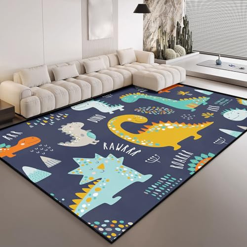 HOSIMA Teppich Mit Cartoon-Dinosaurier-Aufdruck,Weiche Rutschfeste Unterseite,Kurze Teppiche für Kinderzimmer,Küche,Terrasse,Schlafzimmer,Rutschfeste Bodenmatte,Kurzflorige,Flauschige Matte（150*200）