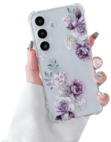 DEFBSC Hülle für Samsung Galaxy S24 Blumen Muster,Lila Pfingstrose | Transparente Handyhülle Florale Design für Mädchen Klar Weiche TPU Dünne Verstärkte Ecken Stoßfest Kratzfestes Schutzhülle