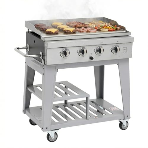 METRO PROFESSIONAL Barbecue a Gas con 4 Bruciatori e Piastra, 85x50 cm, Acciaio Inox, con Ruote e Telo di Copertura, Argento, 14.8 kW