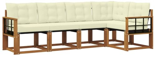 vidaXL Outdoor-Sofagarnitur mit Kissen 5 pcs Natur und Creme, Luxuriöse Garten-Couch, modernes Outdoor-Möbel, wetterfestes Set, langlebiger Lounger, Akazienholz-Sofa, Coole Sitzgelegenheit