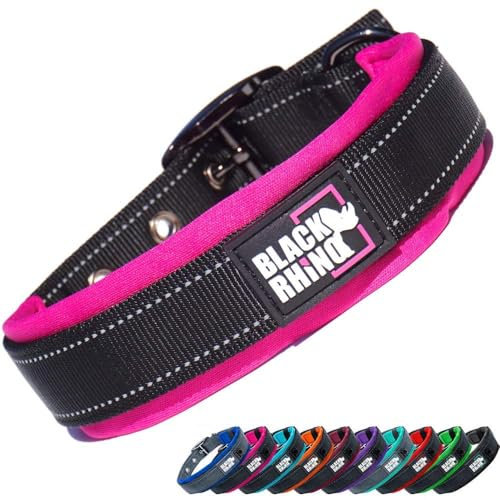 Black Rhino Dog Collar - Heavy-Duty Adjustable and Reflective Waterproof Dog Collars - Soft Neoprene Padded Dog Collar Suitable for All Breeds - Ideal Fit for Active Dogs - Medium, Pink and Black