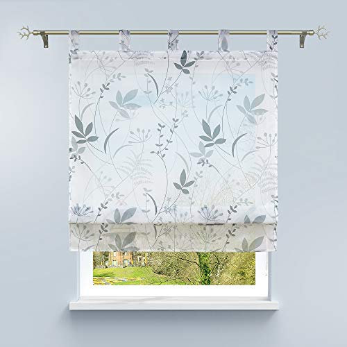 HongYa Raffrollo Voile Schlaufenrollo Transparente Raffgardine mit Schlaufen Küche Vorhang Kleinfenster H/B 140/80 cm Blatt Muster