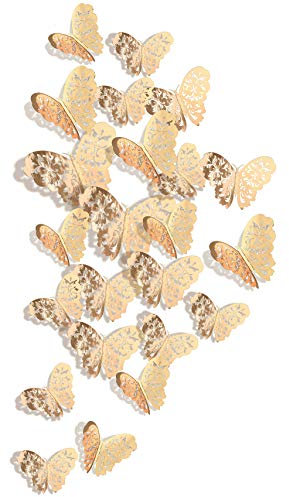 FiveSeasonStuff 24pcs 3D Champagne Gold Mirror Hollow Butterfly Wall Stickers
