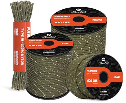 Abma Cord Paracord 620lbs 4mm 30M 100% Nylon Seil Typ 3 Schnur mit 9 Kern für Basteln, Camping, Survival, Outdoor - Max. 280kg - Reflektierende Armee Grün