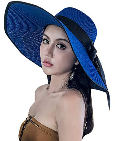 Elonglin Chapeau de Soleil en Paille à Bord Large pour Femme Capeline Pliable Décoration de Ruban pour Extérieur Plage Eté Anti-UV Respirant Bleu (Bordure noire)