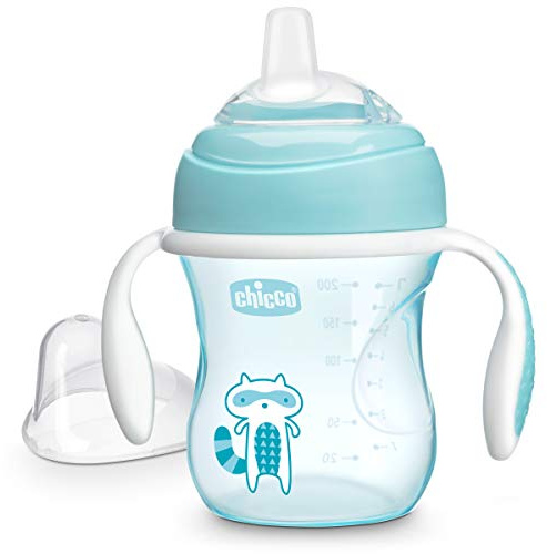 Chicco Transition Sippy Cup with Silicone Spout and Derrame Free Lid 7oz.| Calibration Markings | Manijas extraíbles | Top-Rack Dishwasher Safe | Fácil de sostener con indentes ergonómicos |Azul| 4+