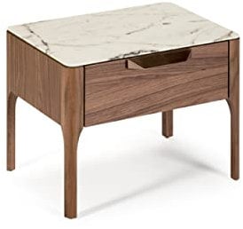 Angel Cerdá - Table de Chevet en Bois de Noyer avec Plateau en Fibre de Verre Calacatta - Design Moderne avec Tiroir à Fermeture Douce et Poignée en Acier Cuivré - 55 x 40 x 44 cm