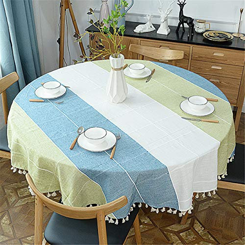 Runde Quaste Plaid Tischdecke, Heavy Weight Baumwolle Leinen Stoff Tischdecke für Küche, Essen, Tischdekoration, Blau & Grün, 200 cm Rund