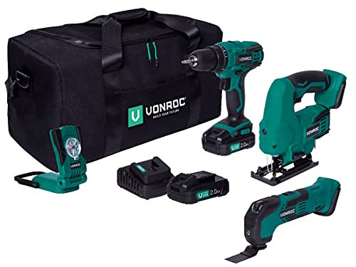 VONROC Pack outils sans fil 20V - Perceuse-visseuse, scie sauteuse, outil multifonction, lampe de de travail - 1 batterie 2.0Ah et chargeur