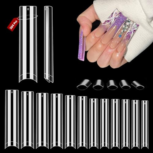504 Pieces XXL No C Curve Nail Tips for Acrylic Nails Professional Set, Straight Tapered Square Clear Nail Tips Half Cover Long Fake Nails, Ballerina Shaped French Nails for Nail Salon and DIY Nail