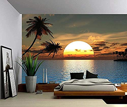 3D Fototapete Sonnenuntergang Ozean Palme Wandbild Abnehmbares Dekor fototapete 3d effekt tapeten Wohnzimmer Schlafzimmer kinderzimmer-250cm×170cm