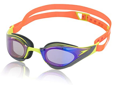 Speedo Gafas de natación unisex para adultos con efecto espejo de piel rápida, enfoque puro, salso/lima atómica/oro violeta