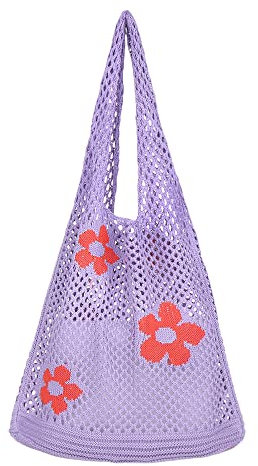 Ovida Fairycore Häkel-Tragetasche, Netzstoff, Hobo-Tasche, Fee, Grunge, ästhetische Umhängetasche, Y2k Geldbörse für Damen und Mädchen, A-Lila mit roter Blume, Einheitsgröße
