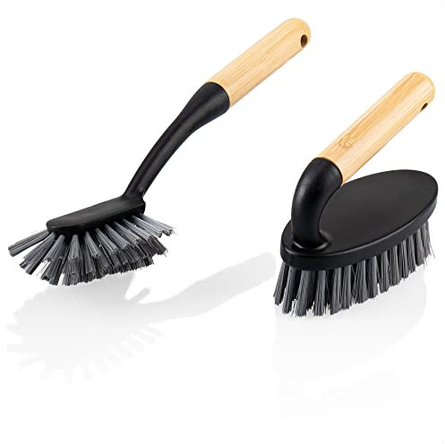COM-FOUR® Kit de nettoyage en 2 parties - brosse à récurer et brosse à vaisselle - Kit de nettoyage en bambou et plastique pour le ménage - brosse à vaisselle et brosse à main (02 pièces. noir/bambou)