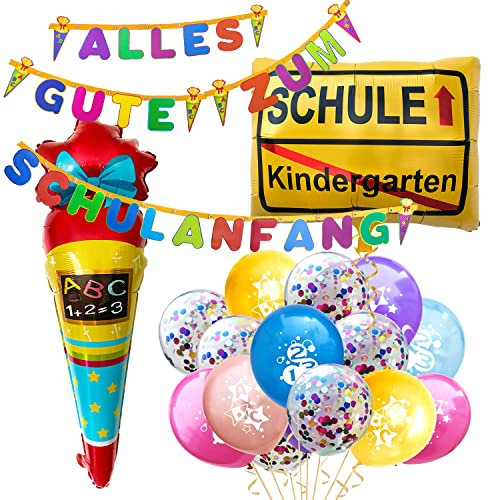Oblique Unique® Einschulung Deko Set – 3,2 m Girlande „Alles Gute zum Schulanfang“ + 15 ABC & Konfetti Luftballons + Zuckertüten-Folienballon + Ortsschild-Ballon – Deko für Schuleinführung