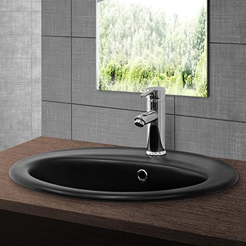 ML-Design Waschbecken aus Keramik in Schwarz matt 57x48,5x19,5 cm Oval, Einbauwaschbecken mit Überlauf, Aufsatzwaschbecken Einbauwaschtisch Waschschale Handwaschbecken, für Badezimmer/Gäste WC