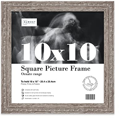 Almost Frameless 10x10 Walnut Ornate Picture Frame 10x10(25.4x25.4cm) Poster, Photo, Artwork, or Print. Antique Style Portrait and Landscape Display with Wall Hooks