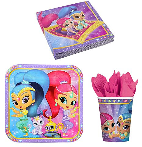Toptoys2u Bargain Bundles Shimmer & Shine Multicolor Cartoon Birthday Partyware Set - 32 Pieces (16 Napkins, 8 Cups, 8 Plates) - Officially Licensed - Disposable