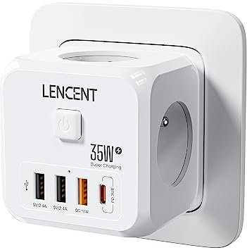 LENCENT Prise USB Secteur PD35W Multiple Murale Cube, 7 en 1 Multiprises et Chargeur USB Rapide PD35W avec 3 Sortie AC 4000W, 1 Type C et 3 Ports USB, Prise Murale Electrique Idéal pour maison, bureau