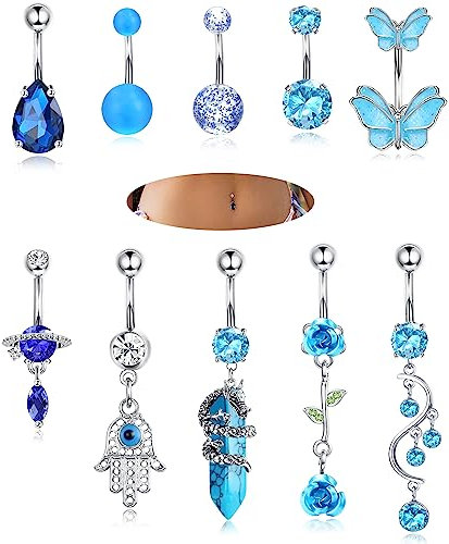 Adramata 10Pcs 14G Bauchnabelpiercing Chirurgenstahl Herz Schmetterling Bauchnabelpiercing Hängend Set Piercing Bauchnabel Rosa Blau Bauchnabelpiercing Ring Körper Piercing Schmuck Sommer Strand