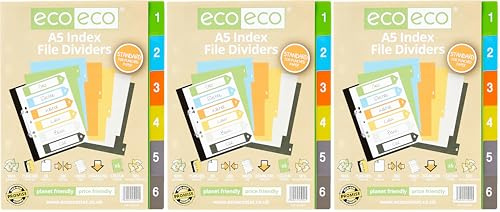 eco-eco A5 50% Recycled Set 6 Index File Dividers (Pack of 3)