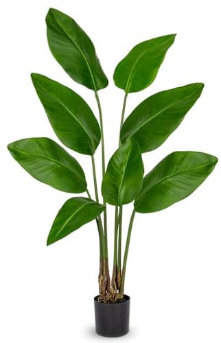 Oairse Artificial Bird of Paradise Plant in Pot 4ft/120cm Fake Tropical Palm Tree with 8 Leaves, Large Faux Plantain Banana Leaf for Indoor Outdoor House Home Office Balcony Decoration