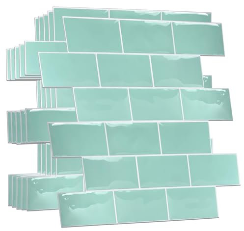 WALPLUS 3D Tile Stickers Peel and Stick Backsplash Splashback Decals Tile Transfer for Kitchen Bathroom Living Room Stick on Tile Waterproof Capri Sea Metro Subway 100 Sheets 15.4x30.5cm Green