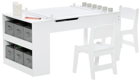 Maxmass 2-in-1 Kids Art Table and Chair Set, Children Lift-top Wooden Craft Table with 2-Tier Open Shelf, Paper Roll, 6 Storage Boxes, Toddler Play Table for Drawing, Learning (White, 6 Cups)