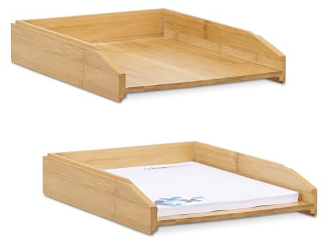 Relaxdays Briefablage 2er Set, aus Bambus, DIN A4 Größe, stapelbare Dokumentenablage, für Schreibtisch und Büro, Natur