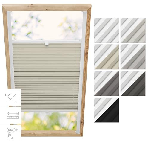 Estika Dachfenster Verdunkelung, Thermo Plisseerollo mit Bohren für Fakro Fenster - Modell: 55/78 - Stofffarbe: Blackout Creme-Weiß - Dachfenster Rollo, Fensterrollo innen, Fenster plissee