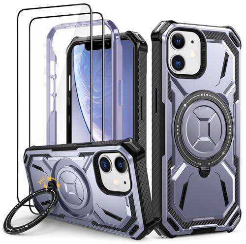 Lanhiem Handyhülle für iPhone 11 Hülle mit 2 Stück Panzerglas und 360° Ring Ständer, Militärischer Stoßfest Schutzhülle für iPhone 11 Case, Lila