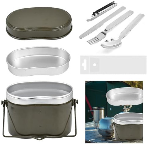Kleemeiero Stil Bundeswehr Essgeschirrset Outdoor Geschirr-Set Aluminium Kochgeschirr Bund Essbesteckset Survival Kochset Bund Besteck mit Henkel Essgeschirrset Essbesteck Reisebesteck