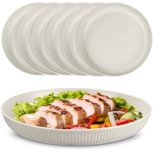 Esilihom 6Pcs Unbreakable Dinner Plates, 22.5cm Plastic Plate Camping Set, Reusable for Salads, Pasta, Parties, Home, Office, Microwave & Dishwasher, Beige
