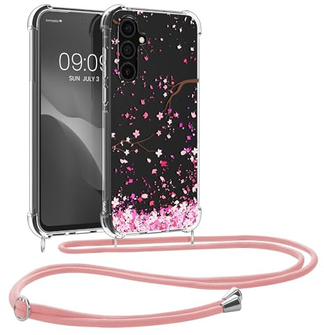 kwmobile Necklace Case kompatibel mit Samsung Galaxy A35 Hülle - Silikon Cover mit Handykette - Rosa Dunkelbraun Transparent Kirschblütenblätter