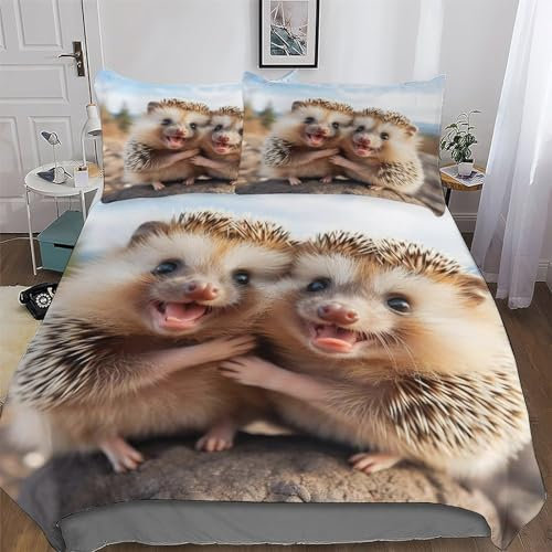 PAZZK Igel Bettwäsche Set 2 teilig Superweiches Microfaser Bettbezug Mit Reißverschluss Und Kopfkissenbezug Deckenbezug Für Jungen Mädchen Bettbezüge Single (135x200cm)