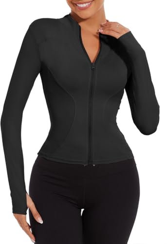Joligiao Women's Running Jacket Slim Fit Gym Tops Long Sleeve Full Zip Sports Jackets with Thumb Holes Ladies Running Tee Shirts Quick Dry Sport Jacket Workout Activewear Black XL