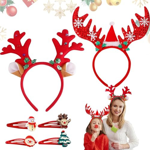 2 Pièces Bandeaux de Noël Renne, Serre Tete Noel Renne, Serre Tete Noel avec 4 PCS Accessoires de Noel, Serre-tête avec Oreilles d'Animaux, Rouge Bandeau Cheveux d'élan pour Fêtes de Noël Nouvel An(B)