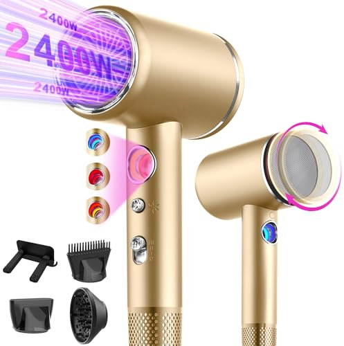 Tisoutec Föhn,Fön,Haartrockner Profi Ionen mit AC Motor 2400W Reisefön Diffusor|Haarfön 4-in-1|Heiß-/Kalttaste|3 Heiz&3 Geschwindigkeitsstufen|Hair Dryer mit Schnelle Aufheizung& Konstante Gold
