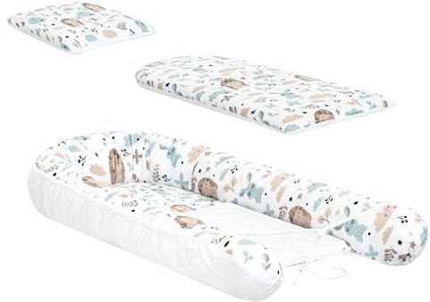 HOBBYGARDEN 3 teilig Babynestchen Set Babynest - Kokon für Babys und Säuglinge – Nestchen - Reisebett, Kokon für Babybett – Baumwolle - Wickelauflage Kuschelbett (Igelchen)