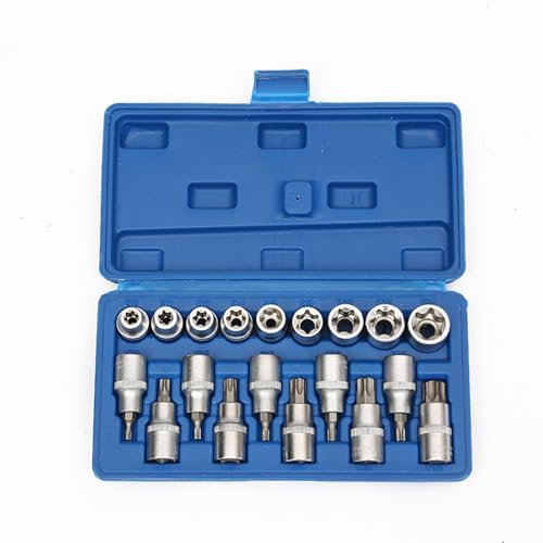pofluany 19 Pièces/34 Pièces Coffret Douille Torx Femelle, Longue, Douilles et Coffrets, E10-E24 Kit de douilles dynamométriques externes, clé à chocs, jeu métriques outil réparation 19 cm