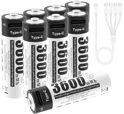 Batterie AA ricaricabili agli ioni di litio da 1,5 V, confezione da 8, ad alte prestazioni, fast, ricarica USB-C a lunga durata, 3600 mWh, con cavo di ricarica di tipo C 4 in 1 e custodia di