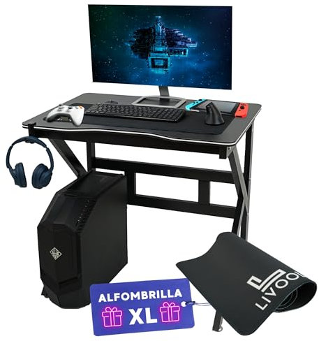 LIVOOL®️ Escritorio Gaming + Alfombrilla XL | Mesa Gaming Acabado en Fibra de Carbono - Escritorio de Oficina