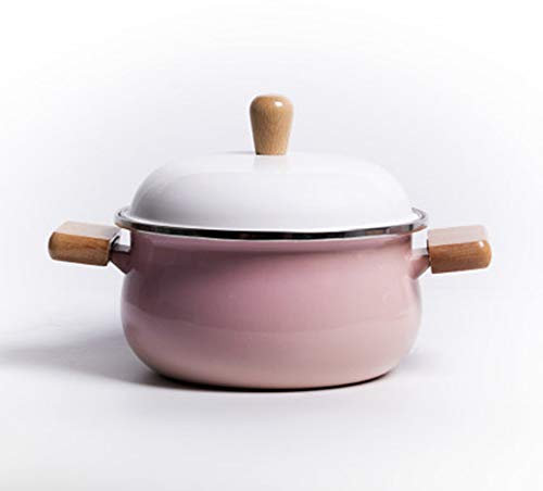 CAFIEDR Olla para cocinar, Olla esmaltada + Juego de Olla para Leche, Mango de Madera, Gran Capacidad con Tapa, fácil de Limpiar, Apta para Llamas Abiertas/cocinas de i(Olla sopera Rosa de 20 cm)
