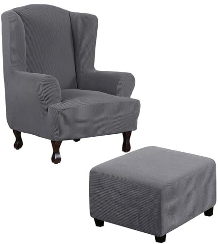 Stretchbezug für Ohrensessel, Fußhocker, Möbelschutz (Grau, XXL)