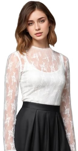 Mesh Top Women's Sexy Top Glitter Mesh Top Transparent Blouse Long Sleeve Transparent Lace Top Sheer Mesh Blouse, White, One Size