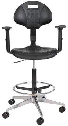 Topsit IND010102+AL Arbeitsstuhl aus Polyurethan, Bürohocker mit Armlehnen, höhenverstellbar und mit Verstellbarer Rückenlehne, robuste Aluminium-Basis, verstellbare Fußstütze, 65 mm Rollen