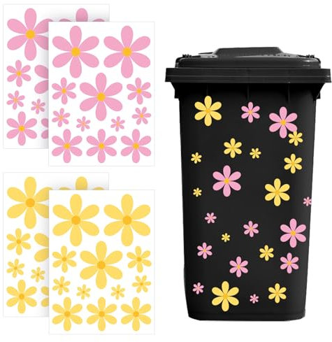 Wheelie Bin Stickers Daisy Stickers, 4 Sheets Self-Adhesive and Waterproof Flower Sticker for Car Fridge Bins Wall Outdoor Indoor Decorative Decal