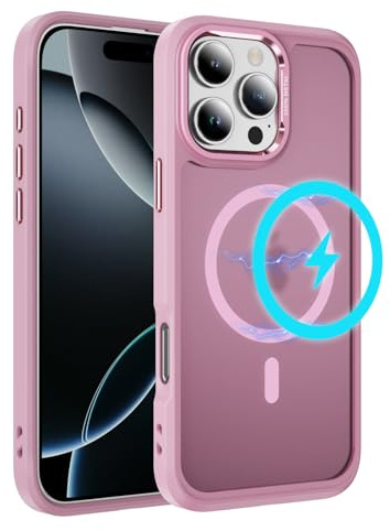 LCHULLE Cover Magnetica per iPhone 16 Pro Traslucida Opaca Sottile,Rosa | Compatibile con MagSafe,Semi-trasparente Opaca Sottile Custodia, Protettiva PC Back + TPU Bumper,Protezione Antiurto Cover