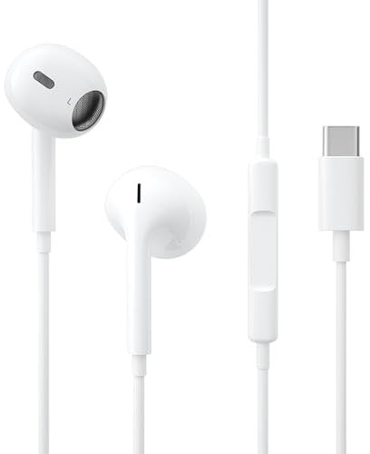 Tech Sense Lab USB-C Wired In-Ear Headphones with Noise Cancellation for Voice Calls, Compatible with iPhone 16/16 Pro/16 Pro Max/15 Pro, Galaxy S24/S23/S21/Ultra Note 10/20, Pixel 7/6/6a/5/4 - White